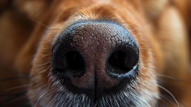 Photo closeup of a dogs nose the dogs nose is black and wet with a textured surface