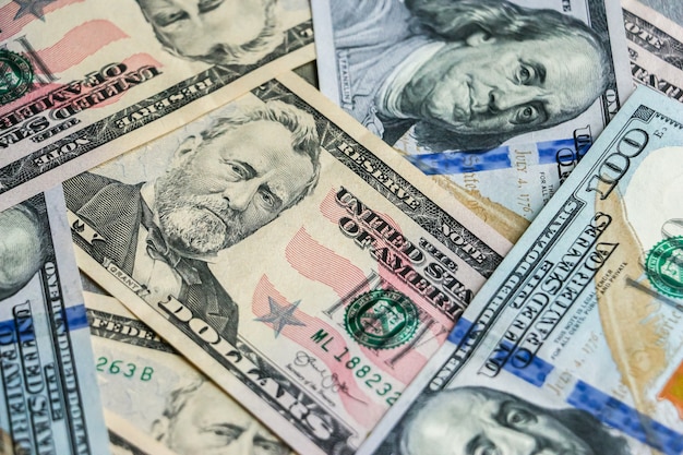 Photo closeup of dollar banknotes. american cash money background.