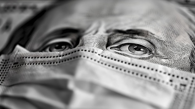 Foto close-up di una banconota da un dollaro con una faccia che indossa una maschera medica immagine in bianco e nero ad alto contrasto rappresentazione concettuale dell'economia durante una pandemia ai