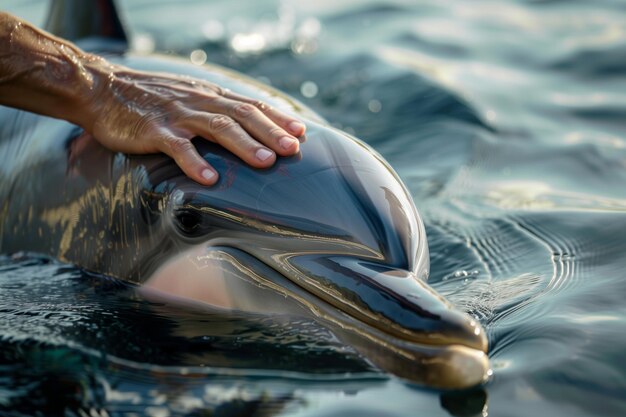 Foto close-up di un delfino con la mano di una persona che lo tocca delicatamente