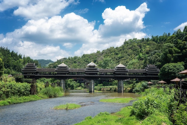 Closeup of Dong Nationality Wind and Rain Bridge in Chengyang Bazhai Sanjiang Liuzhou