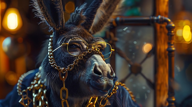 A closeup of a donkey wearing eyeglasses and a gold chain