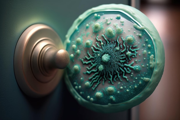 A closeup of a doorknob covered in sticky green bacteria