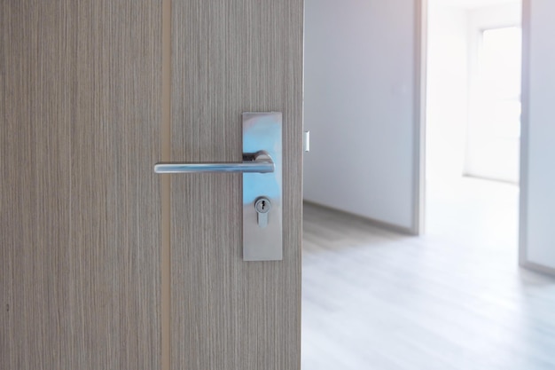 Closeup doorknob of wooden door between open or close the door