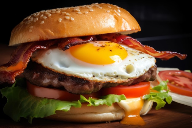 Closeup of a double burger with melted cheese bacon fried egg lettuce