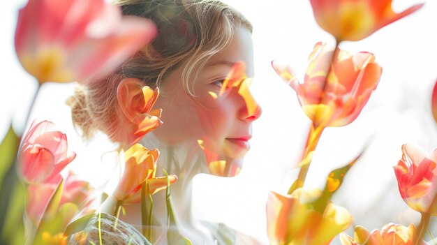 Closeup double exposure between caucasian young kid and peaceful nature aigx