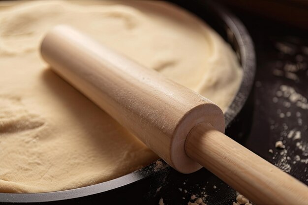 Closeup of dough under the influence of a rolling pin and frying pan created with generative ai