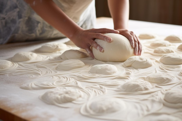 Closeup of dough preparation and making artistic patterns formed during fermentation