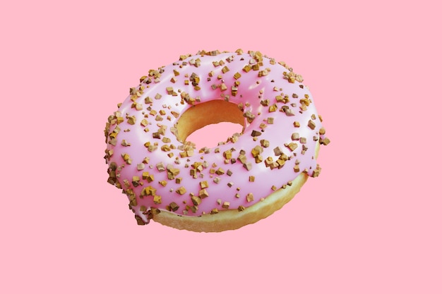 closeup doughnut topping with almond icing sweet isolated floating on pink background. 3d rendering.