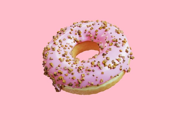 Closeup Doughnut topping with almond Icing sweet isolated floating on pink background. 3D Rendering.