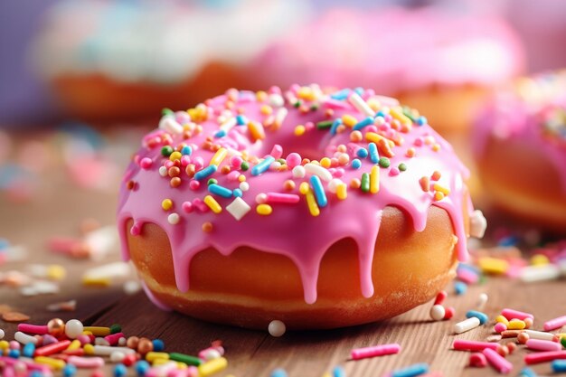 Closeup of a doughnut with pink icing and sprinkles generative by ai