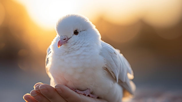 Closeup of a dove symbolizing peace perched on the palm of a hand