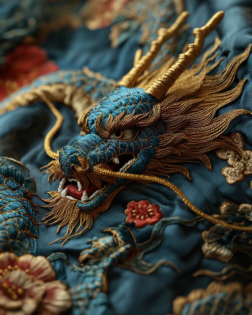 closeup dragon head blue cloth clothes backdrop model japanese mascot brocade robes robin chinese