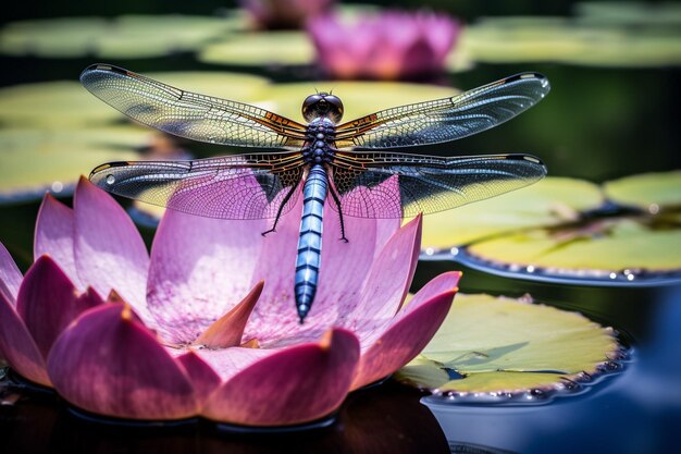 Photo a closeup of a dragonfly on a water lily