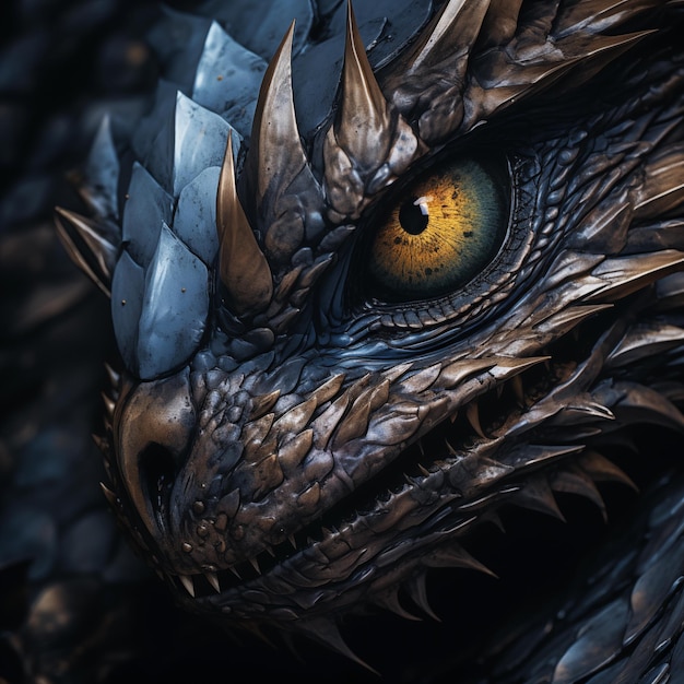 Близкий план глаз дракона с острым взглядом и интенсивной фокусировкой