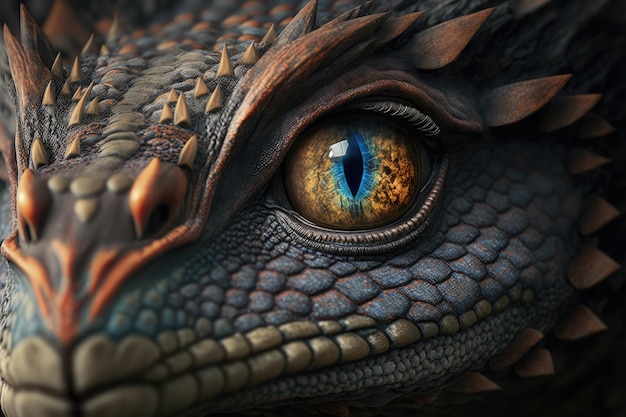 Closeup of dragons face with its eyes and whiskers in focus