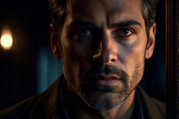 Closeup dramatic portrait of a mysterious man with intense gaze and enigmatic expression hidden in the shadows creating a moody and suspenseful thriller scene