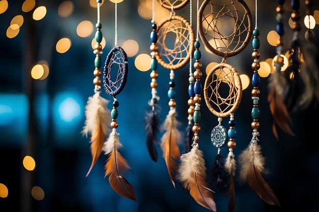 Closeup of a dream catcher or wind chime under a