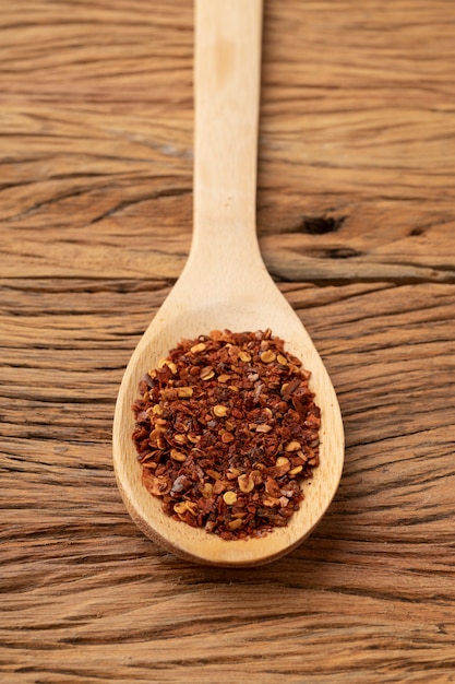 Closeup of dried calabrian chili pepper on a wooden spoon