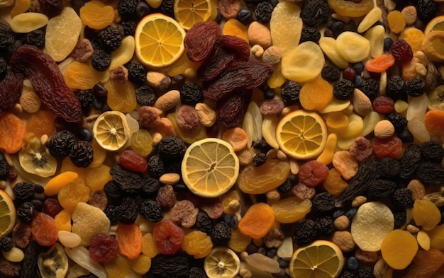 Photo closeup dried mix of fruits and nuts healthy snacks texture background ai generated