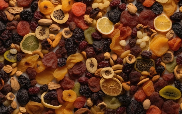 Фото Крупным планом сушеная смесь фруктов и орехов здоровые закуски текстура фон ai создан