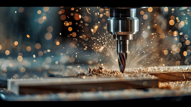 Closeup of a drill bit in action sparks flying on the workbench Precision metalwork Industrial equipment in operation AI