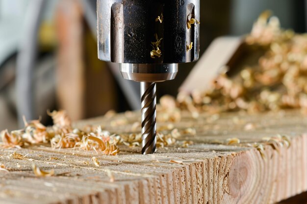 Closeup of a drill bit entering wood