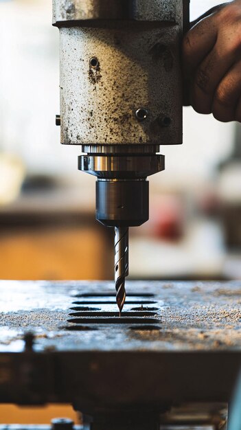 a closeup of a drill press in action with the operators hands guiding the material emphasizing the importance of safety and technique set against a light solid color background