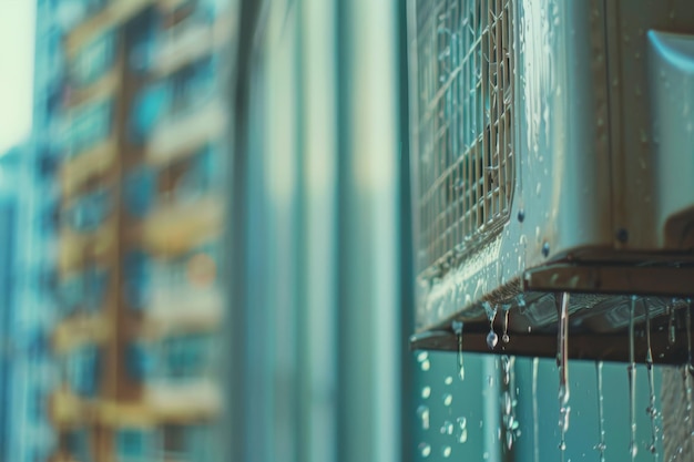 Closeup of dripping air conditioner Focus on urban heat management