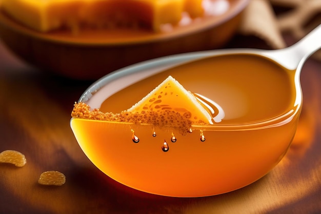 Closeup dripping gooey golden honey from a beehive Honeycomb sliding from a spoon Sweet treat