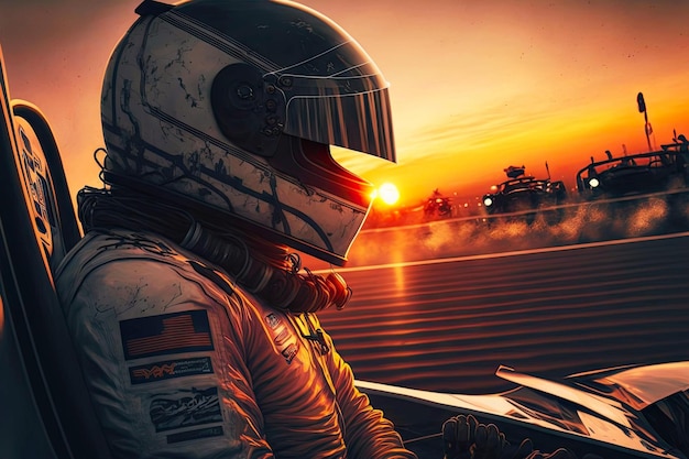 Крупный план водителя в защитном шлеме и униформе на генеративном искусстве Formula One Racing