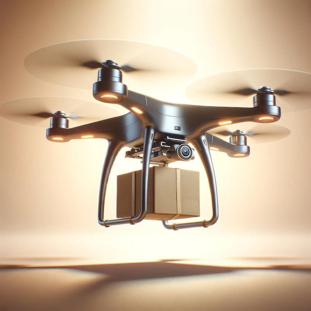 Foto close-up di un drone che consegna un pacco una scatola di ordini online consegna su sfondo giallo