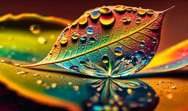 A closeup of a drop of water on a leaf or flower reflecting the surrounding colors and textures