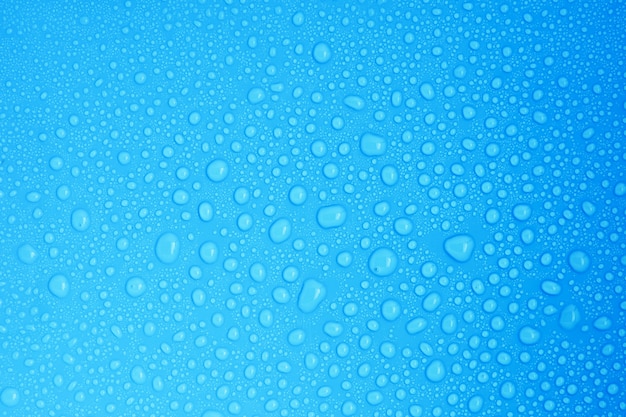 Closeup drops water on blue background