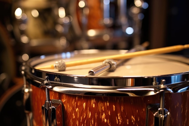 Closeup of drumsticks resting on snare drum created with generative ai