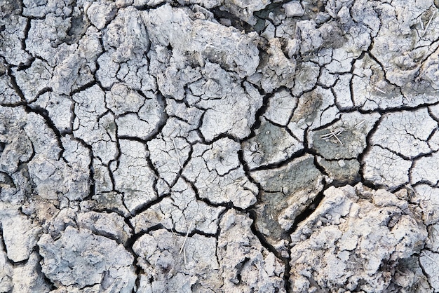 Closeup of dry soil. Cracked texture of ground. Ground in drought, Soil texture and dry mud, Dry land. top view