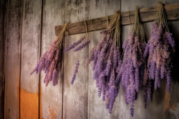 Primo piano della lavanda essiccata contro il muro rustico creato con ai  generativa