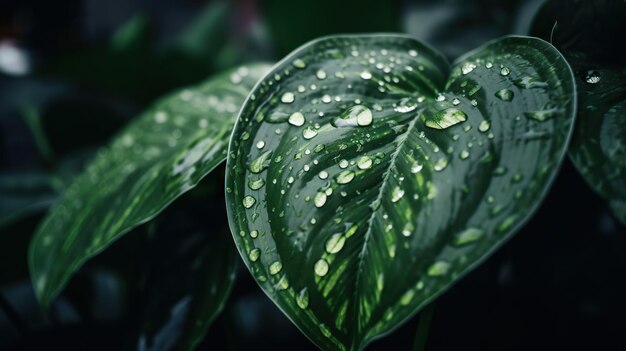 Closeup of Dumb cane tropical plant leaves with rain drops Green natural backdrop Generative AI