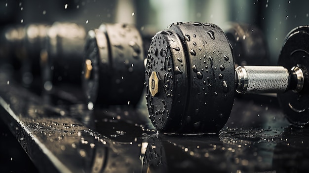 Closeup of Dumbbells on a Gym Floor with Sweat Droplets
