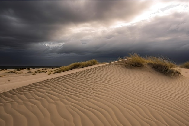 Closeup of dunes with rolling sand and dramatic sky in the background