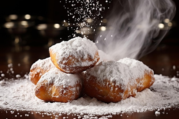 Photo closeup of dusting powdered sugar on beignets