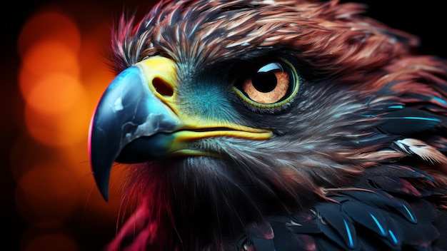 Closeup of an eagle electric neon colors background