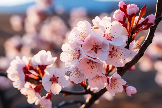 Closeup of early spring blossoms such as cherry or almond flowers with a softfocus background hintin