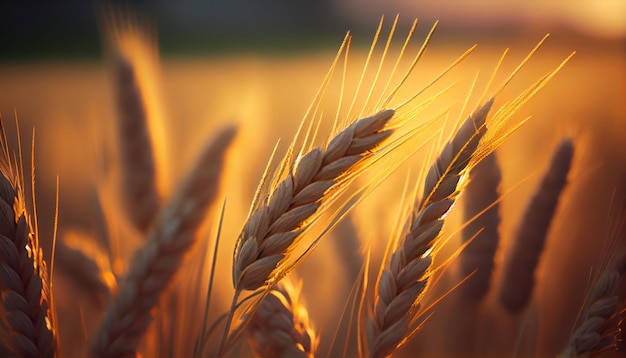 Closeup ears of golden wheat in wheat meadow with shiny light and blue sky background Generative AI