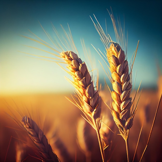 Photo closeup ears of golden wheat in wheat meadow with shiny light and blue sky background illustration created by generative ai