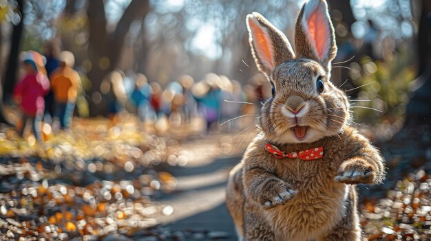 Photo closeup of easter bunny in sunlit whimsical spring setting