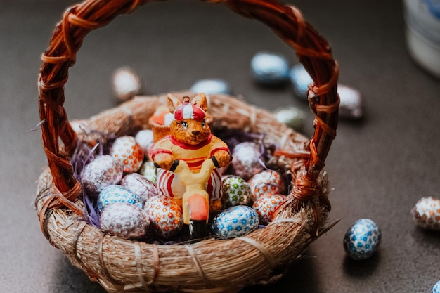 Closeup of easter bunny with chocolate eggs