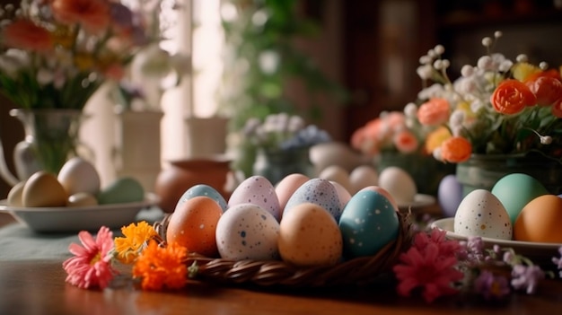 Крупный план пасхальных яиц с потрясающе детализированными цветочными узорами Генеративный AI