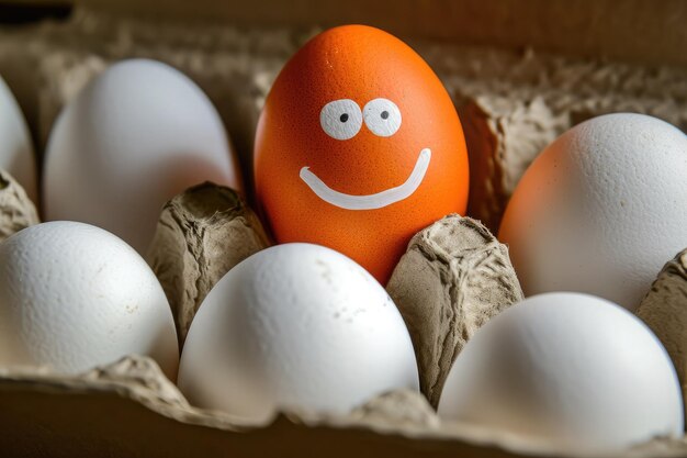 Closeup ecofriendly paper box with white eggs and one orange color with funny smile Easter egg