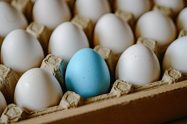 Closeup ecofriendly wooden box with white eggs and one blue Easter egg